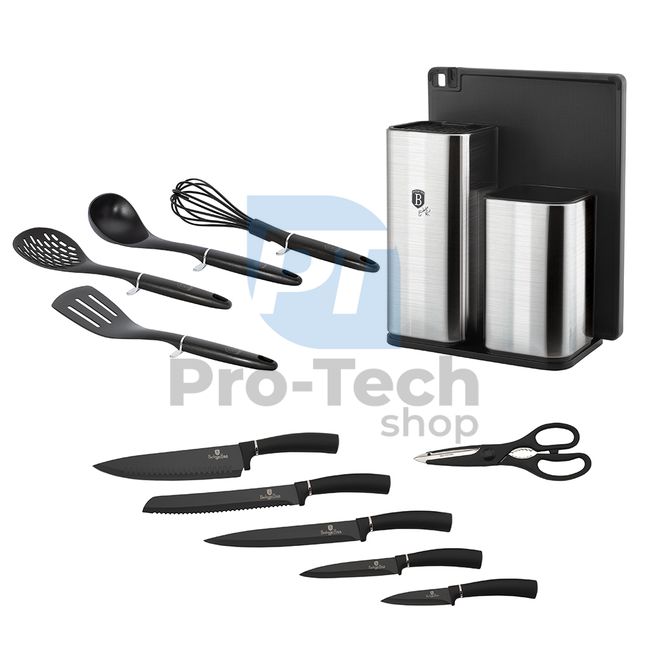Набір кухонних ножів і кухонних інструментів з нержавіючої сталі 12 шт.  з обробною дошкою BLACK- SILVER 20486