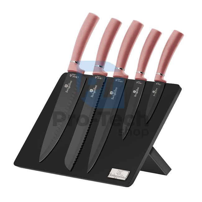 Набір кухонних ножів з нержавіючої сталі 6 шт. з магнітною підставкою PINK 19962